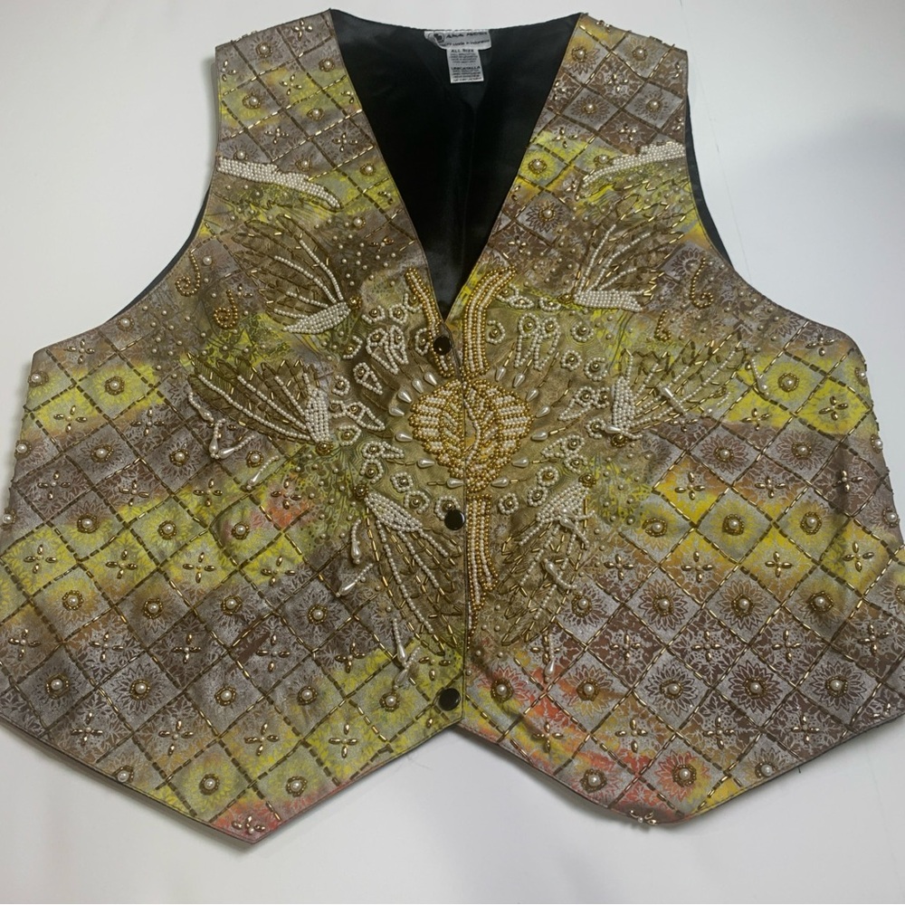 vtg 80s embroidered VEST Ana Moro‎ All Size pearl gold beaded Stunning - Picture 11 of 16